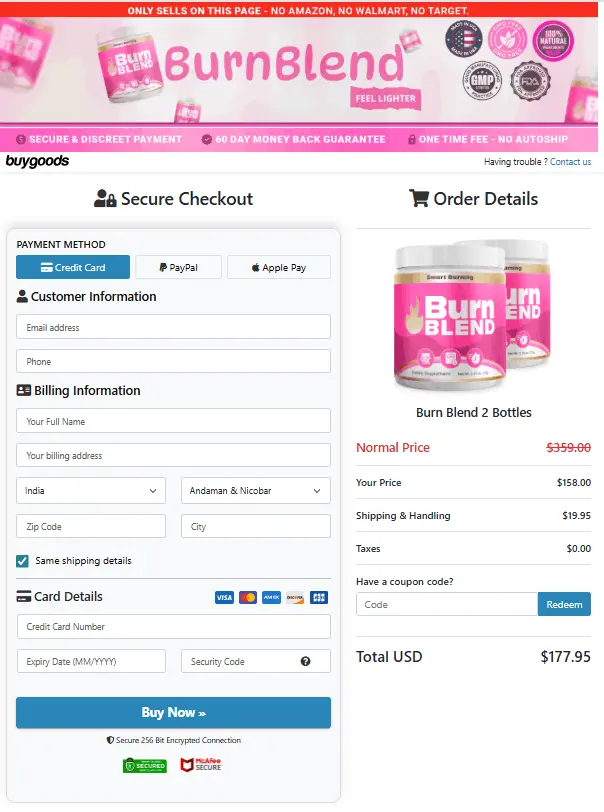 Burn Blend order page